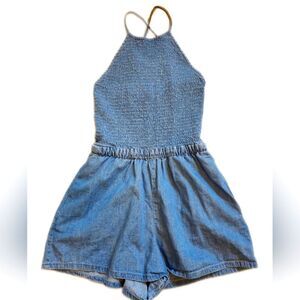 Venus blue denim chambray smocked romper, criss cross straps, XS